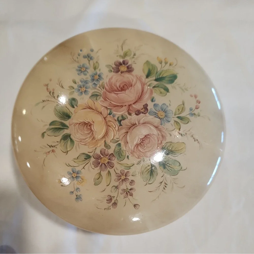 Vintage Alabaster Floral Powder Vanity Jar Hinged Lid Italy No Marks EUC